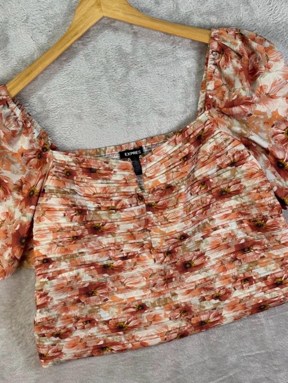 Express Rust Floral Square-Neck Puff Sleeve Crop Top